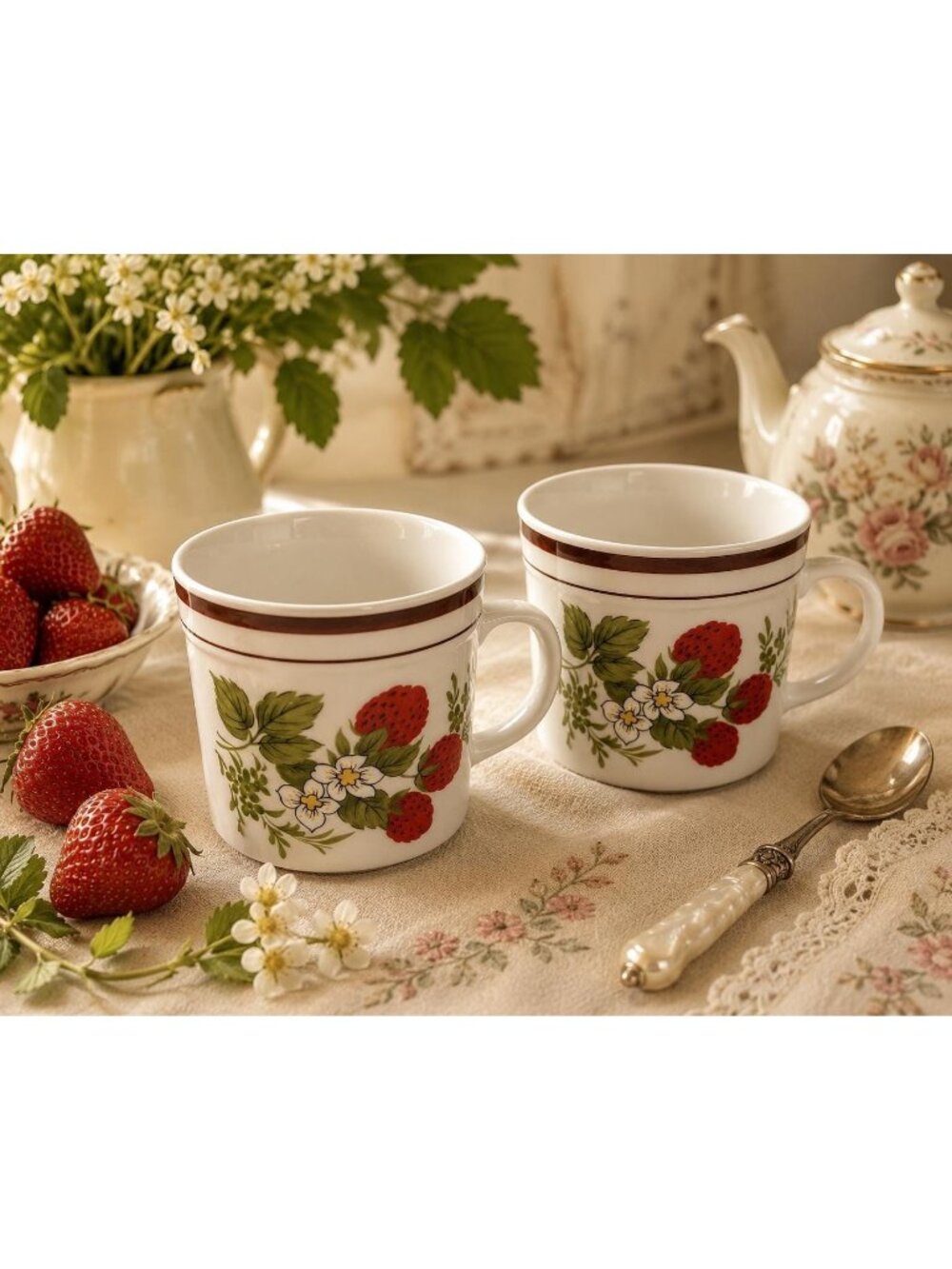 Vintage Strawberry Mug Set of 2 | Cottagecore Strawberry Coffee Cups | Retro Flo